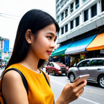 A vibrant street scene in Bangkok. A young woman is using a mobile app with AI features to navigate through bustling traffic, highlighting efficient route planning and nearby cafes. Focus on the convenience and integration of AI in daily Thai life, showcasing modern technology blended with traditional Thai elements.
