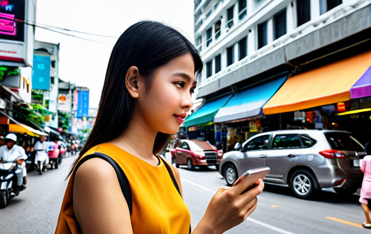 A vibrant street scene in Bangkok. A young woman is using a mobile app with AI features to navigate through bustling traffic, highlighting efficient route planning and nearby cafes. Focus on the convenience and integration of AI in daily Thai life, showcasing modern technology blended with traditional Thai elements.