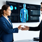 A diverse group of professional individuals, fully clothed in modest business attire, are engaged in collaborative problem-solving within a bright, modern, and high-tech office environment. They are interacting with sleek holographic interfaces displaying complex data visualizations, subtly hinting at AI integration. The scene emphasizes seamless human-AI teamwork, with individuals actively discussing and brainstorming. The lighting is soft and professional, capturing a sense of innovation and progress. safe for work, appropriate content, fully clothed, professional, perfect anatomy, correct proportions, natural pose, well-formed hands, proper finger count, natural body proportions.