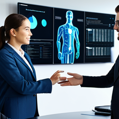 A diverse group of professional individuals, fully clothed in modest business attire, are engaged in collaborative problem-solving within a bright, modern, and high-tech office environment. They are interacting with sleek holographic interfaces displaying complex data visualizations, subtly hinting at AI integration. The scene emphasizes seamless human-AI teamwork, with individuals actively discussing and brainstorming. The lighting is soft and professional, capturing a sense of innovation and progress. safe for work, appropriate content, fully clothed, professional, perfect anatomy, correct proportions, natural pose, well-formed hands, proper finger count, natural body proportions.