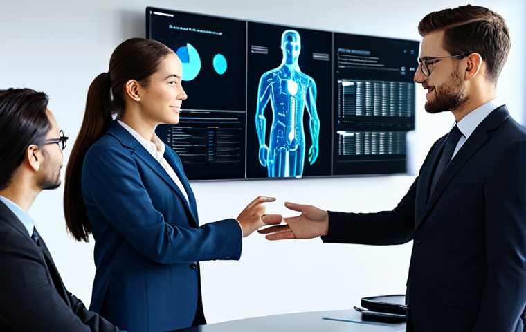 A diverse group of professional individuals, fully clothed in modest business attire, are engaged in collaborative problem-solving within a bright, modern, and high-tech office environment. They are interacting with sleek holographic interfaces displaying complex data visualizations, subtly hinting at AI integration. The scene emphasizes seamless human-AI teamwork, with individuals actively discussing and brainstorming. The lighting is soft and professional, capturing a sense of innovation and progress. safe for work, appropriate content, fully clothed, professional, perfect anatomy, correct proportions, natural pose, well-formed hands, proper finger count, natural body proportions.