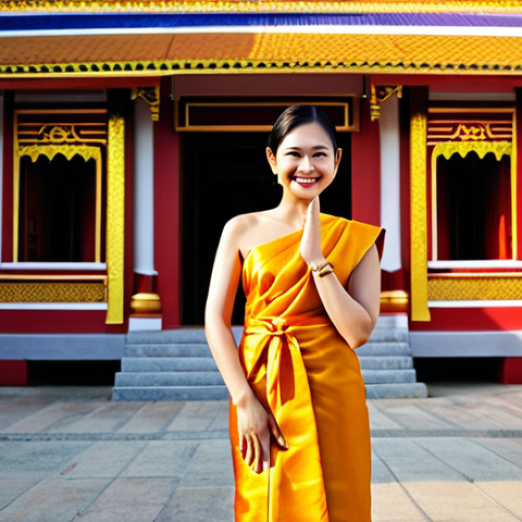 **
"A Thai woman, fully clothed in a beautiful, traditional Thai silk dress, smiles warmly while standing in front of a colorful temple in Bangkok. The scene is bathed in warm sunlight. Perfect anatomy, correct proportions, natural pose, well-formed hands, proper finger count, professional photography, high quality, safe for work, appropriate content, professional, modest, family-friendly."
**