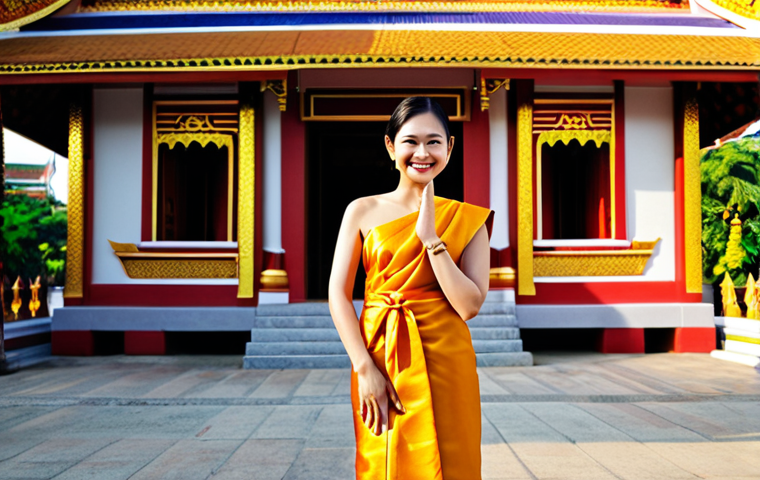 **

"A Thai woman, fully clothed in a beautiful, traditional Thai silk dress, smiles warmly while standing in front of a colorful temple in Bangkok. The scene is bathed in warm sunlight. Perfect anatomy, correct proportions, natural pose, well-formed hands, proper finger count, professional photography, high quality, safe for work, appropriate content, professional, modest, family-friendly."

**