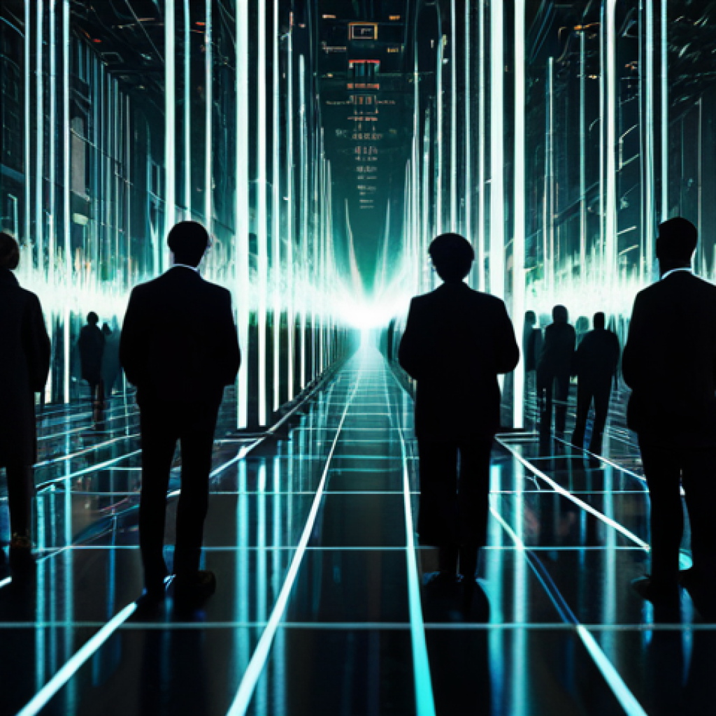 생성형 AI의 윤리적 가이드라인 제안 - A visually striking and thought-provoking digital artwork. At the center, a complex, glowing AI core...