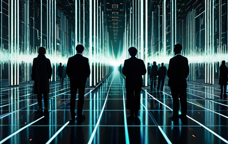 생성형 AI의 윤리적 가이드라인 제안 - A visually striking and thought-provoking digital artwork. At the center, a complex, glowing AI core...