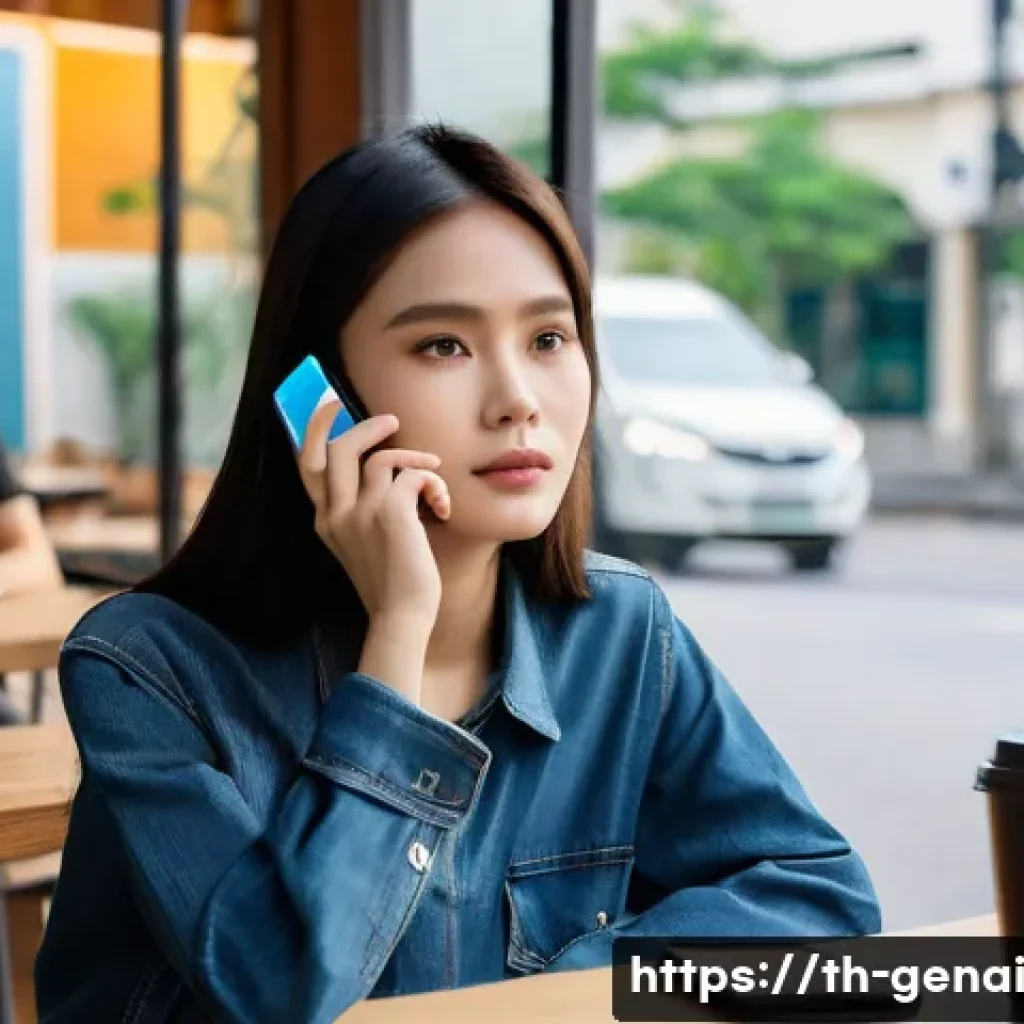 AI의 비윤리적 활용 사례 - **Prompt:** A young Thai woman (around 19-22 years old) sits at a modern cafe table, holding a sleek...