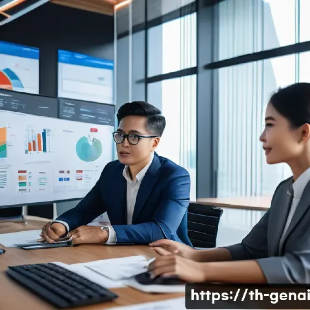 AI가 만들어낸 콘텐츠의 신뢰성 - A modern Thai office setting with diverse professionals collaborating on AI data quality assessment,...
