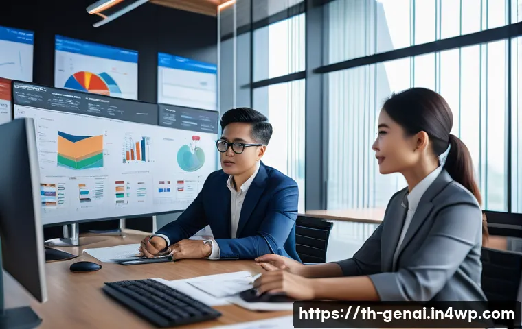 AI가 만들어낸 콘텐츠의 신뢰성 - A modern Thai office setting with diverse professionals collaborating on AI data quality assessment,...