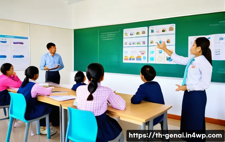 AI의 윤리적 논의 활성화 방안 - A diverse group of Thai students in a modern classroom actively participating in an AI ethics worksh...
