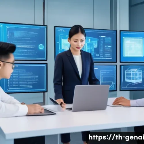 생성형 AI의 법적 문제 - A futuristic office scene in Bangkok, Thailand, showing diverse professionals collaboratively workin...