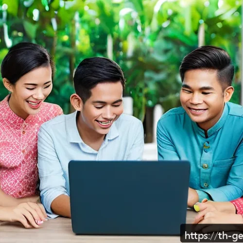 AI의 사회적 합의 형성 전략 - A diverse group of Thai community members participating in an online workshop, engaging respectfully...