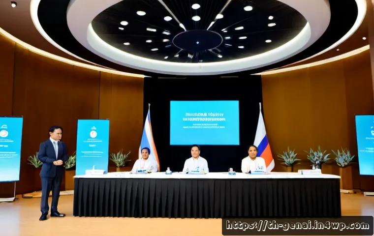 AI 윤리적 가이드라인 국제 비교 - Photorealistic international AI ethics symposium in a contemporary Bangkok riverside conference hall...