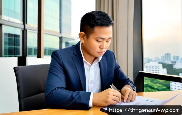 AI 사용에 대한 법적 책임 - Photorealistic Thai legal consultant and small business owner reviewing AI-generated work on a lapto...